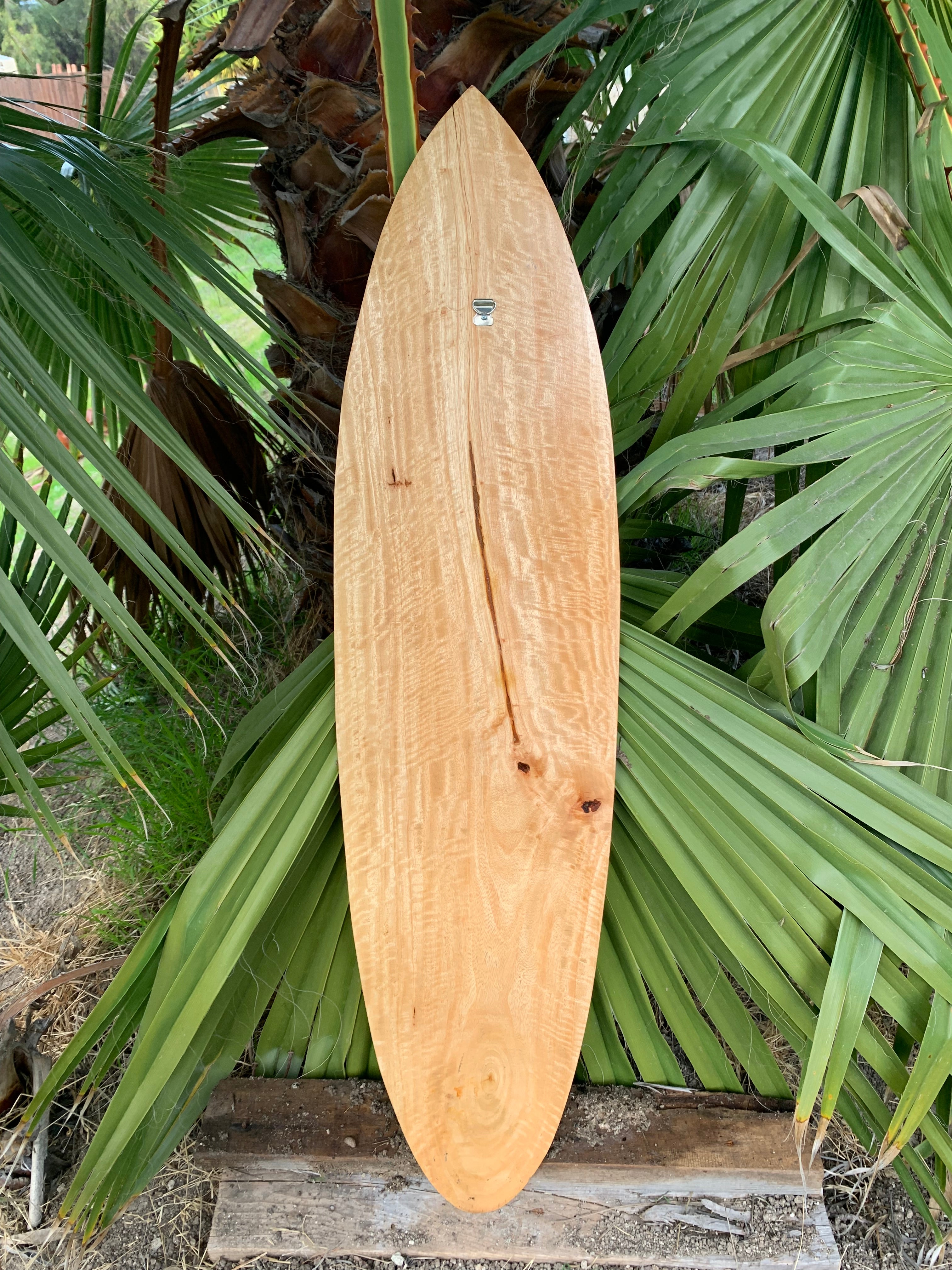 Natural wooden surfboard leaning against lush palm fronds outdoors